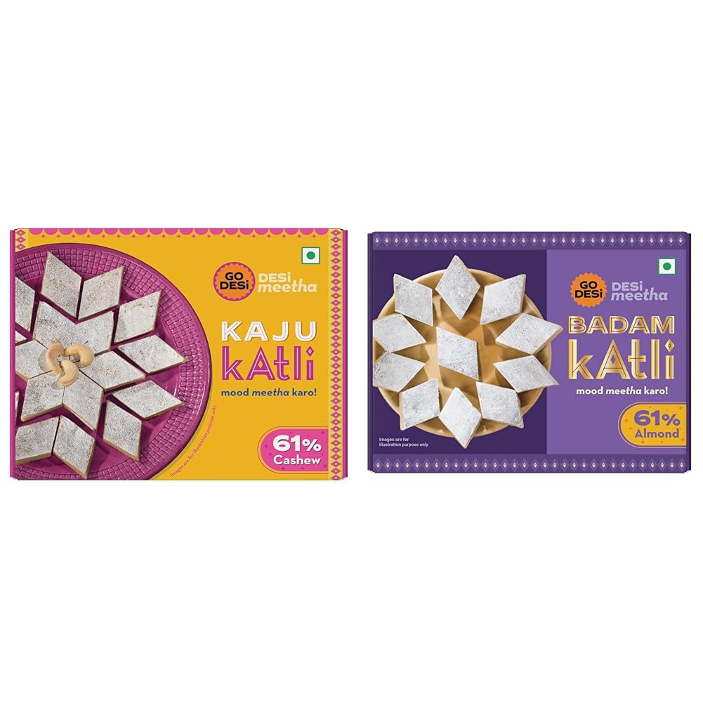 GO DESi Premium Kaju Katli 200 grams, 61% Cashews and Badam Katli 200 grams, 61% Almonds, Rakhi Gift for Sister and Brother, Indian Sweets Gift Pack, DESi Meetha, Sweets Indian Mithai