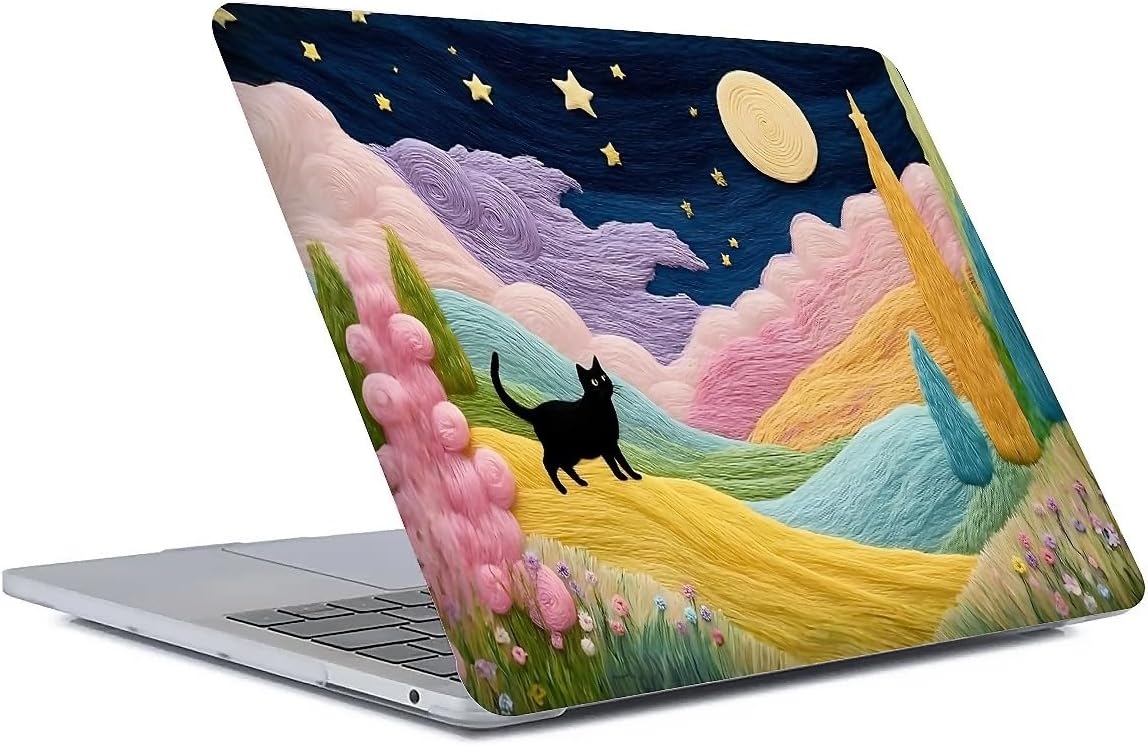 for MacBook Air 13 Inch Release 2022/2025 Model A2681/A3240 M2/M4 Chip Clear Computer Case,Novelty Premium Pattern Hardshell Laptop Case Fairy Black Cat Color Village