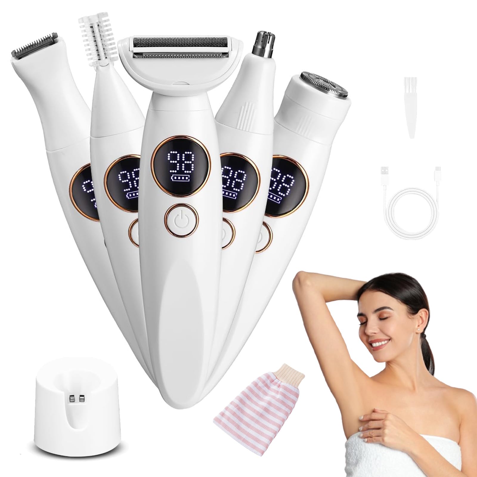 Rasierer Damen, 5-in-1 Damen-Intimtrimmer, Intimrasierer fur Frauen, Wasserdichter Damenrasierer Elektrisch für KöRper, Achseln, Bikini, Augenbrauen und Nase