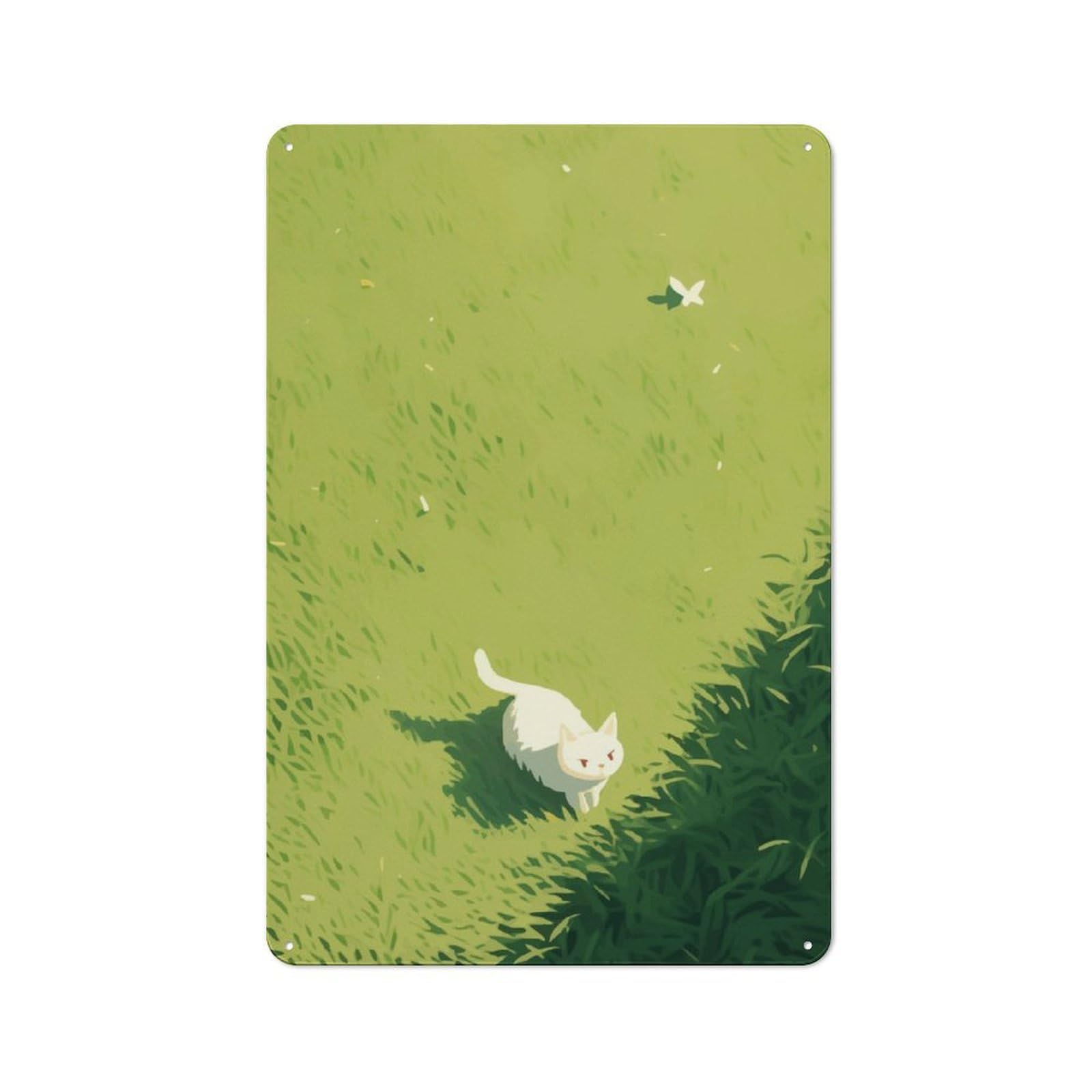 Junmoney White Cat In Grass Vintage Metal Wall Sign 30X20cm For Garage Or Workshop, For Metal Sign Collectors, For Garage And Workshop Walls