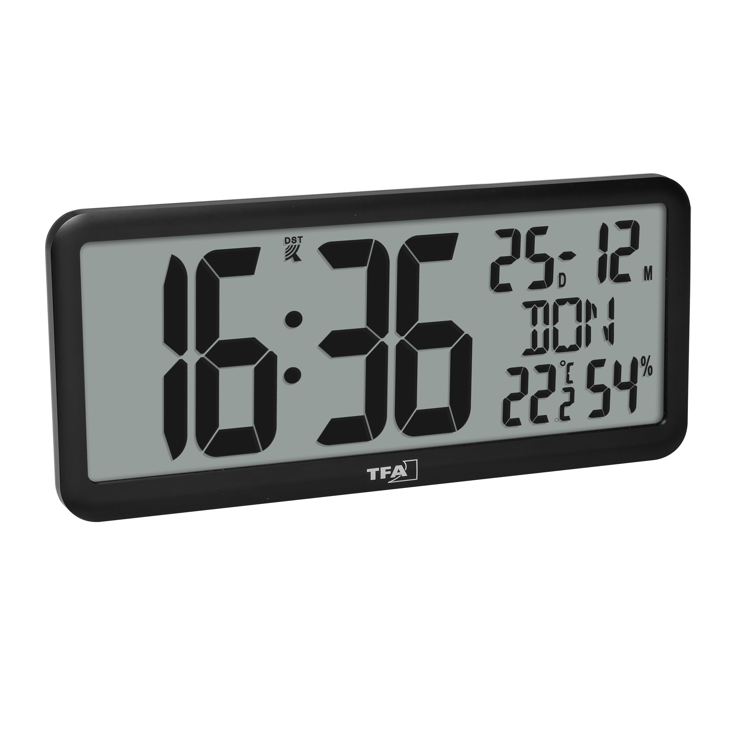 TFA Dostmann Reloj de Pared Digital con números XXL, 60.4525, Reloj con Temperatura y Humedad en el Interior, con Calendario, Oficina, Personas Mayores, Cocina, Radio Reloj, con