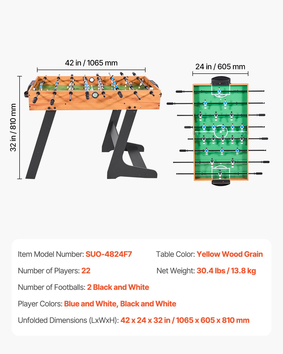 VEVOR Baby-foot d'intérieur de 107/122/139,7 cm, table de babyfoot d'intérieur pour la maison, la famille et la salle de jeux, ensemble de football durable, comprend 2/4 balles, un gardien de score et