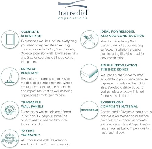 Miniatura 38 de Transolid EWKX483696-41 Expressions - Kit de pared de ducha de 6 paneles con extensión, 36 pulgadas de largo x 48 pulgadas de ancho x 96 pulgadas