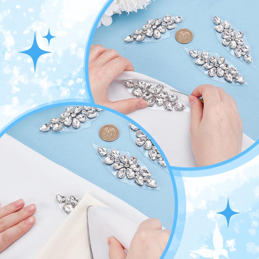 PH PandaHall 4pcs Rhinestone Crystal Applique, 3.6x1.4 Inch Rhinestone Iron on Patch Clear Flower Applique Hot Fix Crystal Sewing Applique for Wedding Bridal Dress Clothes Jeans Hats Shoes Bags