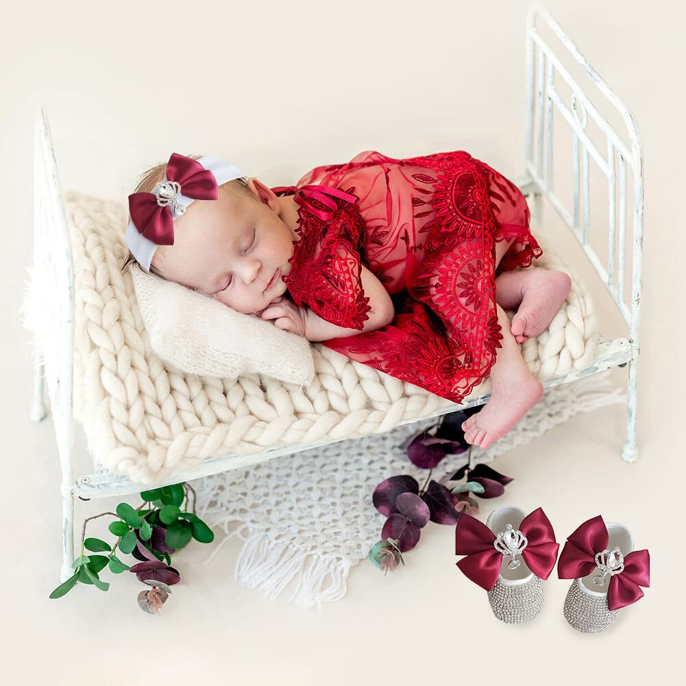 Neonata Scarpe e Fascia Capelli 0-18 Mesi - Set Regalo 2 Pezzi per Battesimo Bimba - Anti Scivolo - Puntelli per Fotografia