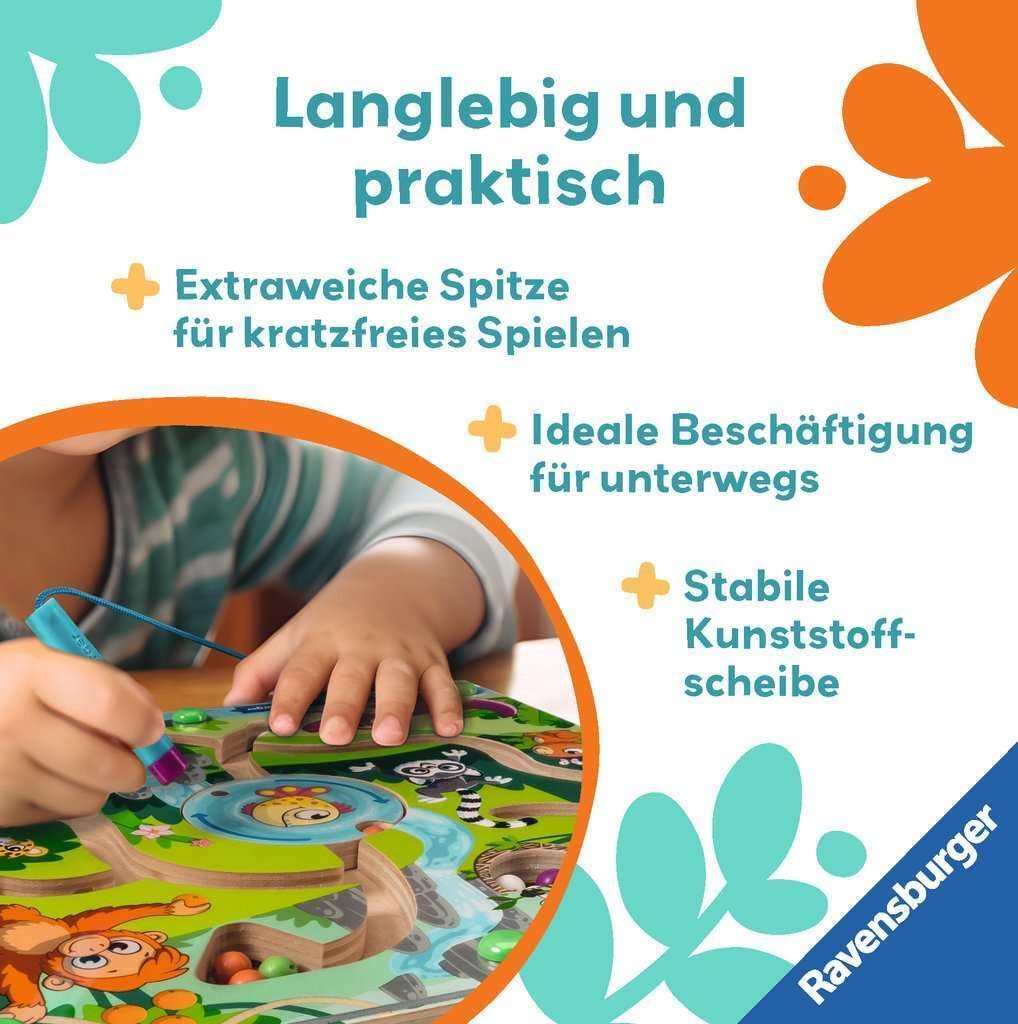 Ravensburger 4873 Play+ Magnetisches Holz-Labyrinth: Dschungel, schult Feinmotorik, Geschicklichkeit und Farberkennung, Reisebegleiter, pädagogisches Holzspielzeug für Kinder ab 18 Monaten