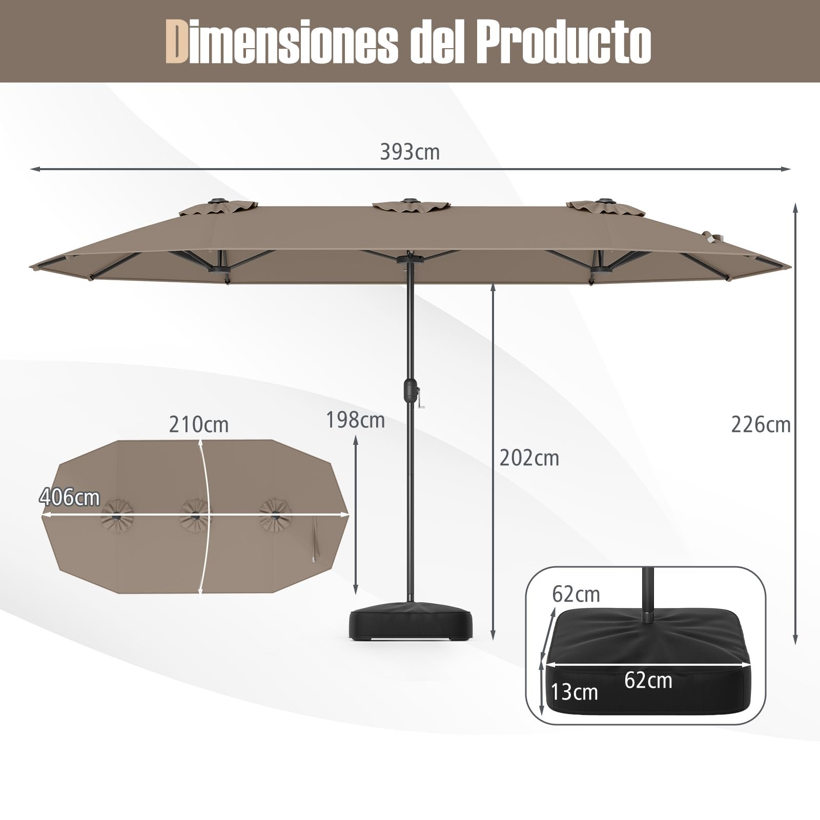 RELAX4LIFE Sombrilla Doble 400 x 210 cm con Base, Manivela, 12 Costillas y 2 Sacos de Arena de Carga 30kg, Sombrilla Terraza Exterior con Protección UV para Jardín, Terraza y Mercado