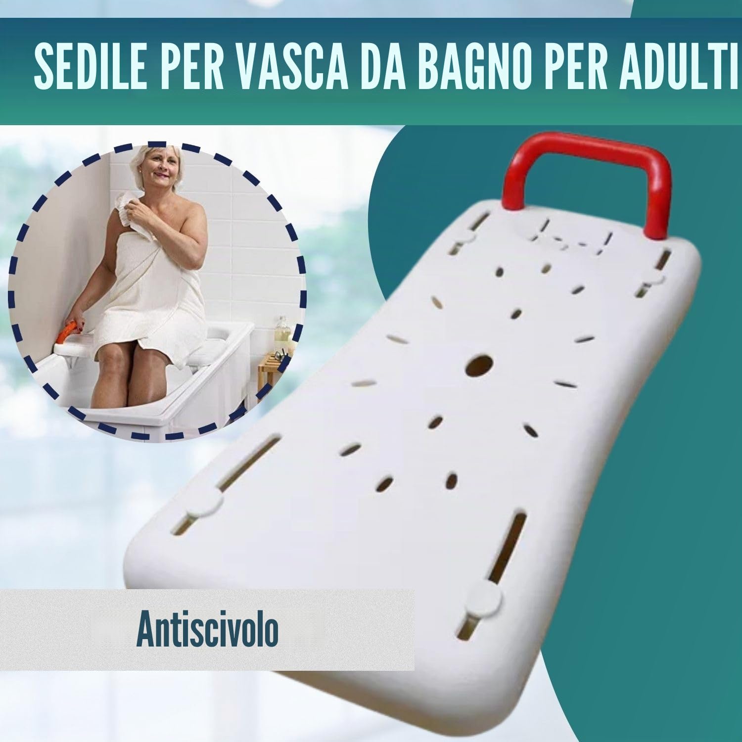OrtoPrime - Sedile per vasca da bagno, antiscivolo, per adulti, regolabile, facile da trasportare, con manico di sicurezza, comodo e sicuro
