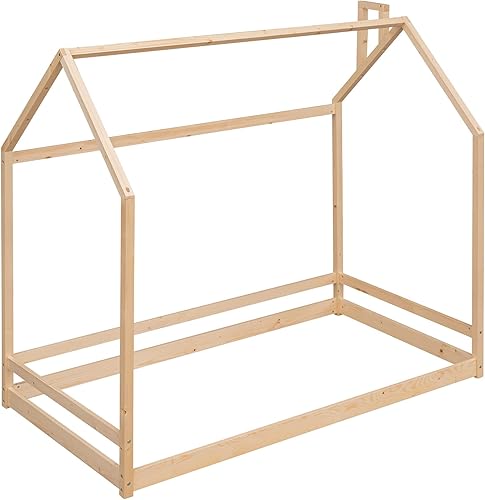 Miniatura 69 de Base de cama de casa de tamaño individual con techo y valla, marco de cama de madera para niños pequeños, adolescentes, niñas, niños, se puede