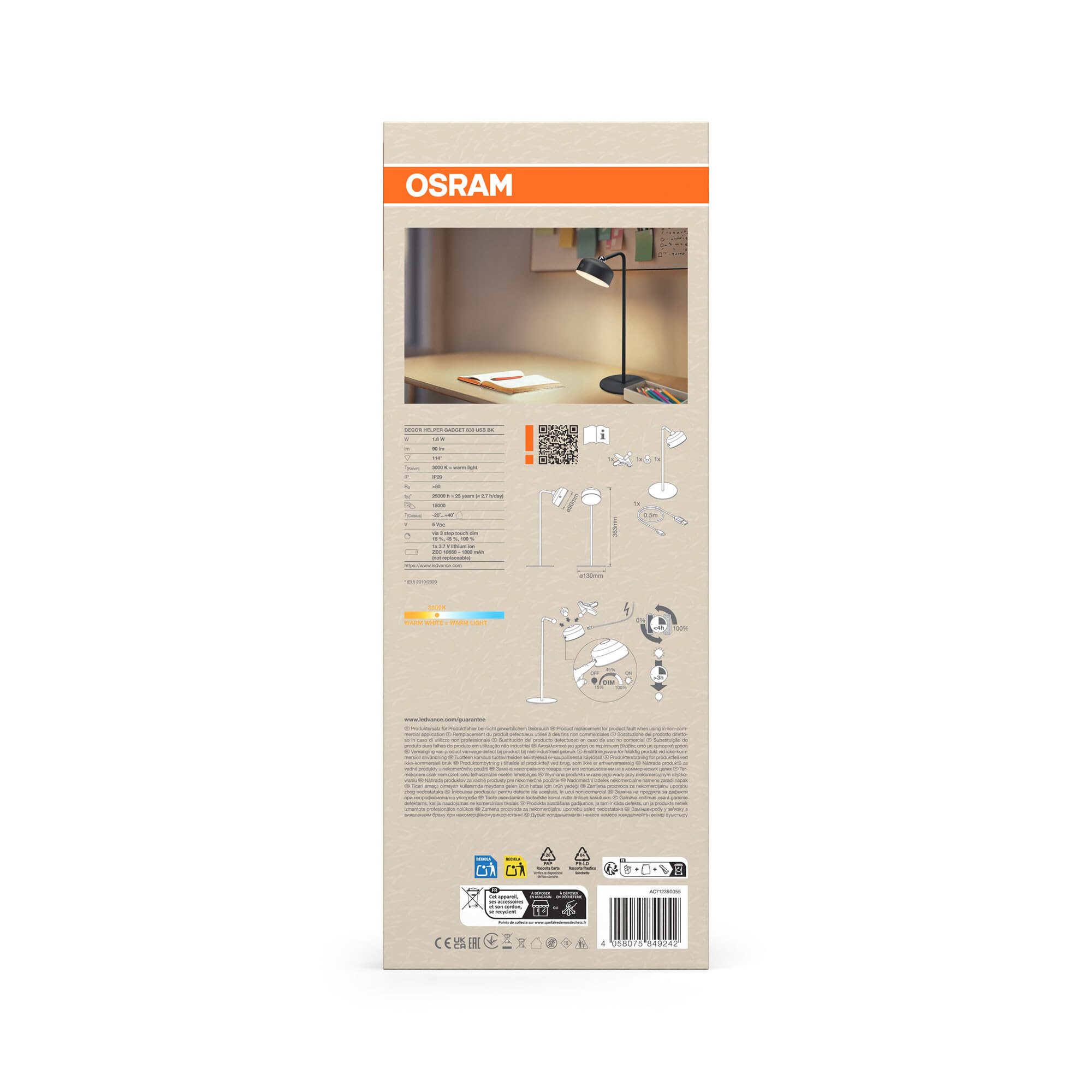 Osram LED-Leuchte mit USB-Akku, 3000 K, Touch-DIM, magnetischer Wandhalterung, als Tischleuchte, Klemmleuchte oder Nachtlicht flexibel einsetzbar