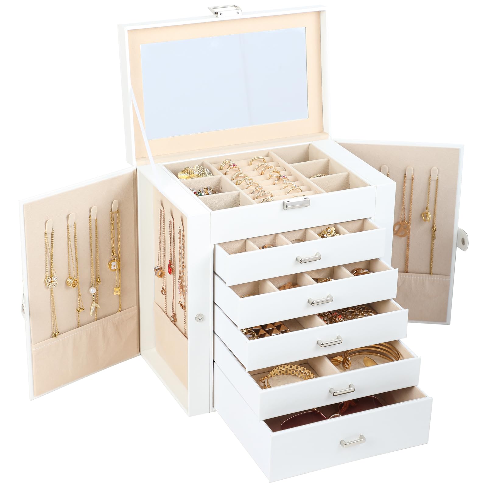 BOOVO Jewelry Box For women 6 Layer Large Jewelry Organizer With Mirror Multi-Function Storage Box With Lock Necklace