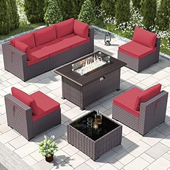 Alternative view of RTDTD Outdoor Patio Furniture Sets with Propane Fire Pit Table, 8 Pieces Outdoor Furniture Patio Sectional Sofa Conversation Sets w/ETL Approved 43" Gas Outdoor Fire Table & Coffee Table (Red)
