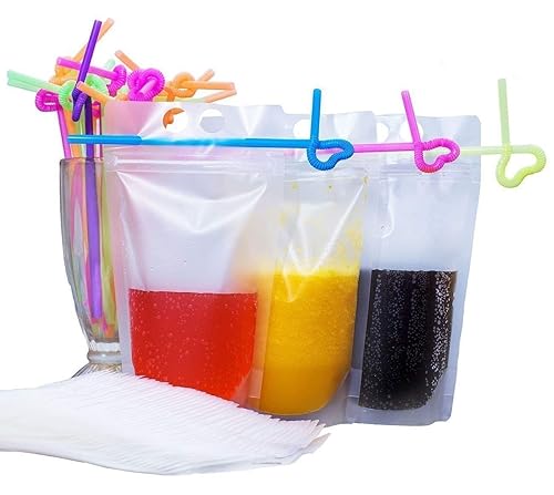 Paquete de 100 bolsas transparentes para bebidas con popotes – Bolsas de plástico con cierre de cremallera de pie, bolsas para beber – 9.1 x 5.2