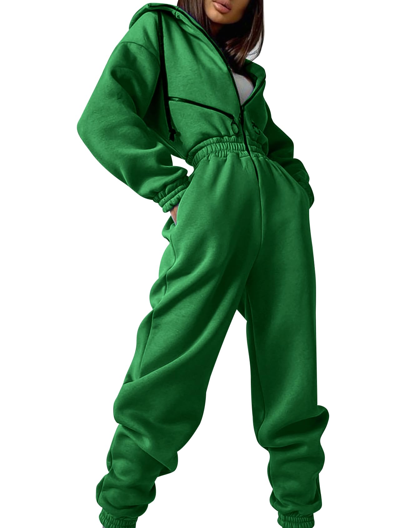 cozypoin Women Fleece Jumpsuits One Piece Outfits Hooded Sweatshirt Set High Waist Ladies Jumpsuit-picture-38