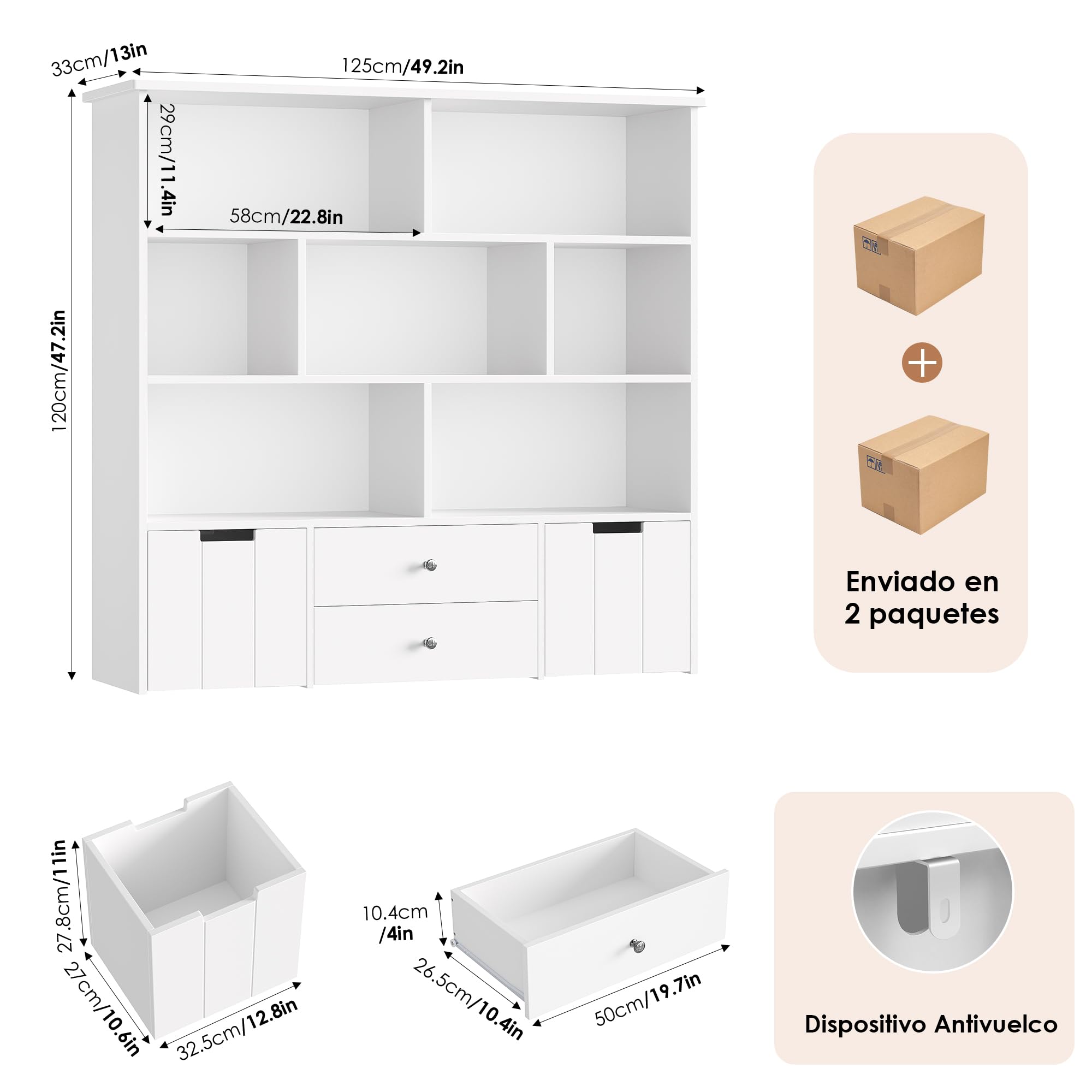 FOREHILL Estanteria Montessori Infantil Mueble Almacenaje Juguetes, Mueble Organizador Juguetes, con 4 Cajones, 7 Compartimentos Abiertos, para Habitación Infantil, Salón, Blanco 125x33x120 cm