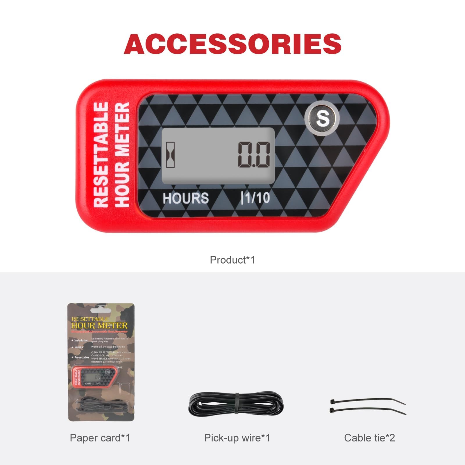 RQ-HM016H Medidor de horas, función de recordatorio de mantenimiento, almacenamiento de datos, motosierra de cortacésped, motocross, motocicleta, lavadora de alta presión marina (ROJO)