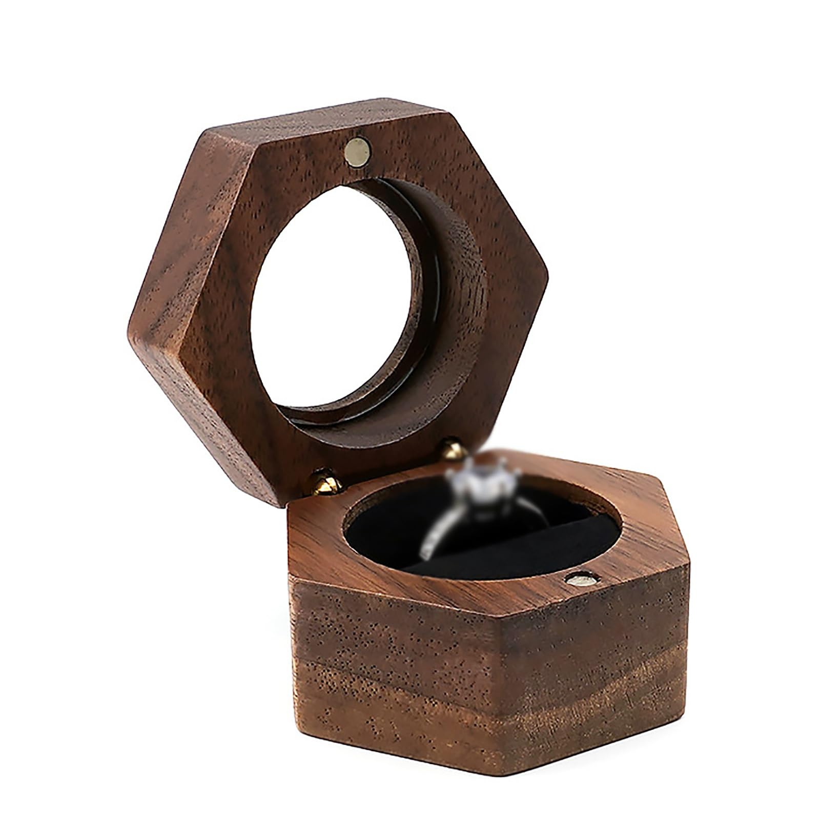 DUMRALBQE Wooden Ring Box Walnut Wood Ring Necklace Hexagonal Window Storage Packaging Box for Storage and Placement(Noir)