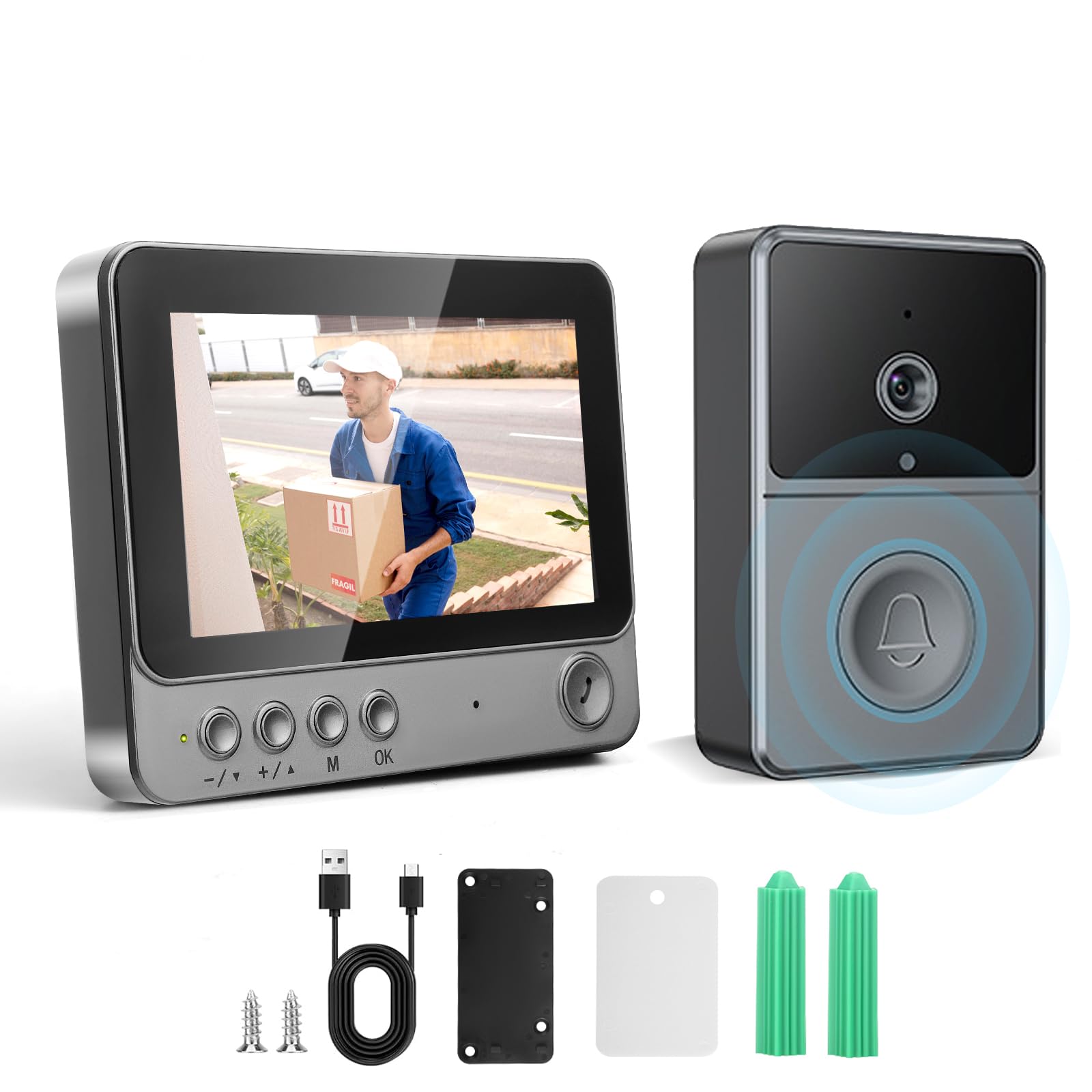 Sonnette sans Fil avec Caméra IP65 Extérieure 1080P HD Écran 4.3" 2.4G Audio Bidirectionnel Vision Nocturne