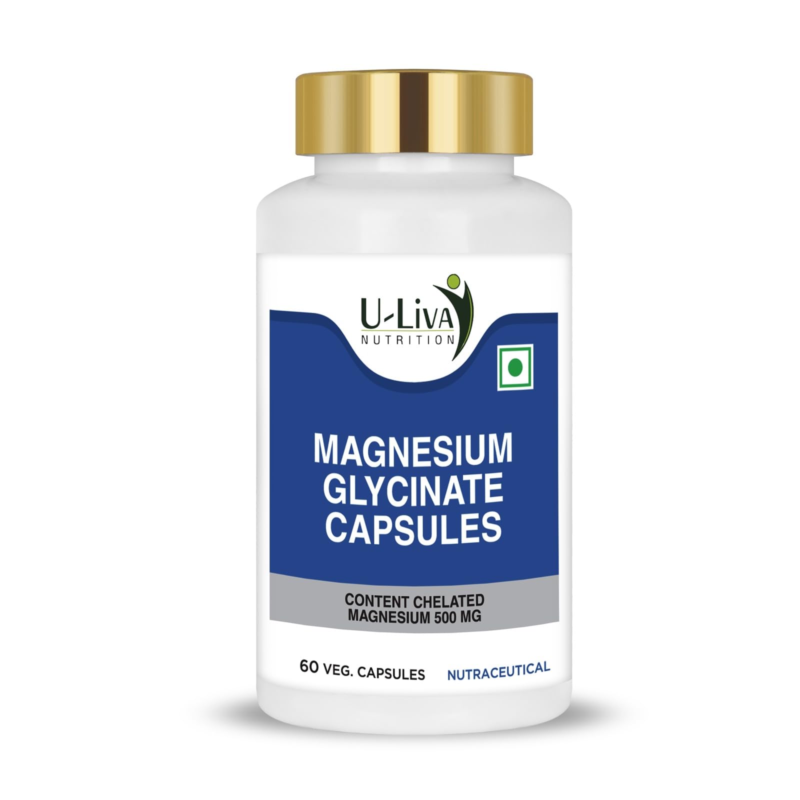 U-LIVA NUTRITION Magnesium Glycinate Veg Capsules (60 Tablets) 500mg High Absorption & Chelated Form Muscle & Nerve Relaxation, Healthy Bones, Better Sleep Quality Supplement for Men & Women