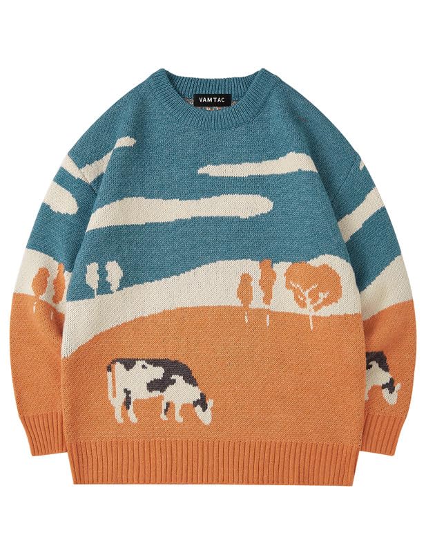 Image of Vamtac Mens Oversized Sweater Vintage Graphic Pullover Crewneck Knit Jumper Y2K Unisex Streetwear 2026 Fall Tops