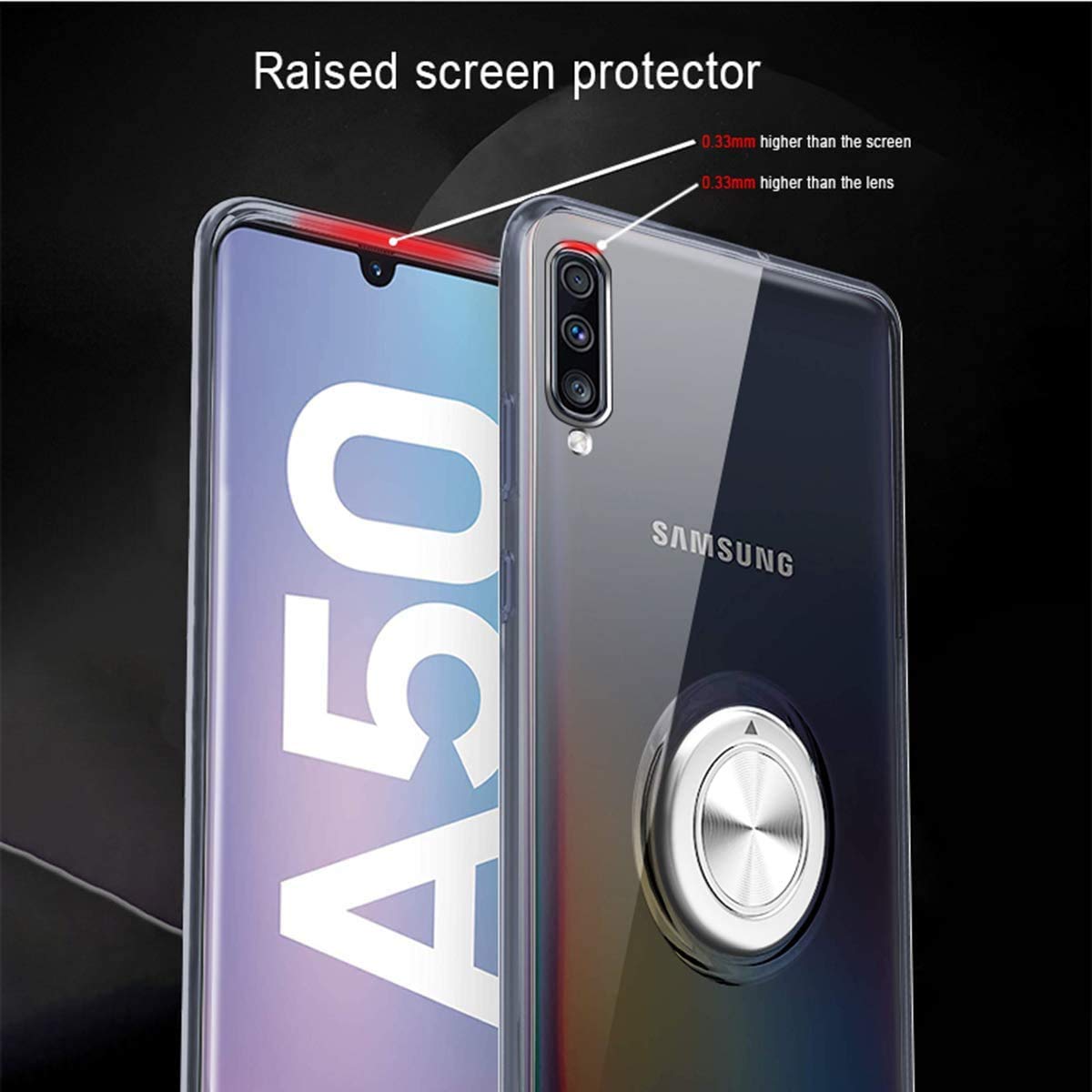 Funda Samsung Galaxy A50 Galaxy A30S de 6,4 pulgadas con anillo, carcasa antigolpes transparente de silicona suave TPU flexible, soporte para coche magnético – Transparente