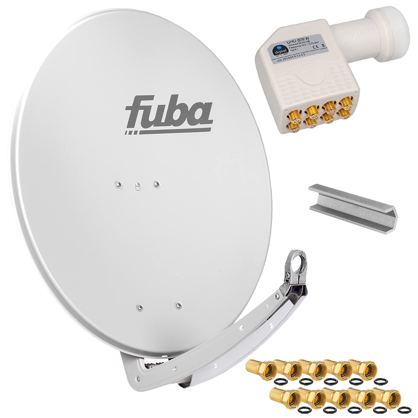 FUBA 78cm für 8 Teilnehmer (Direktanschluss) Digital SAT Anlage DAA780G + Octo LNB weiß 0,1dB Full HDTV 4K 3D + 16 Vergoldete F-Stecker und F- Montageschlüssel gratis dazu