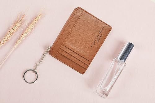 Miniatura 6 de Prometheism Tarjetero delgado de cuero para mujer, cartera pequeña, monedero, monedero para niña, mini cartera con llavero, Marrón, Minimalista