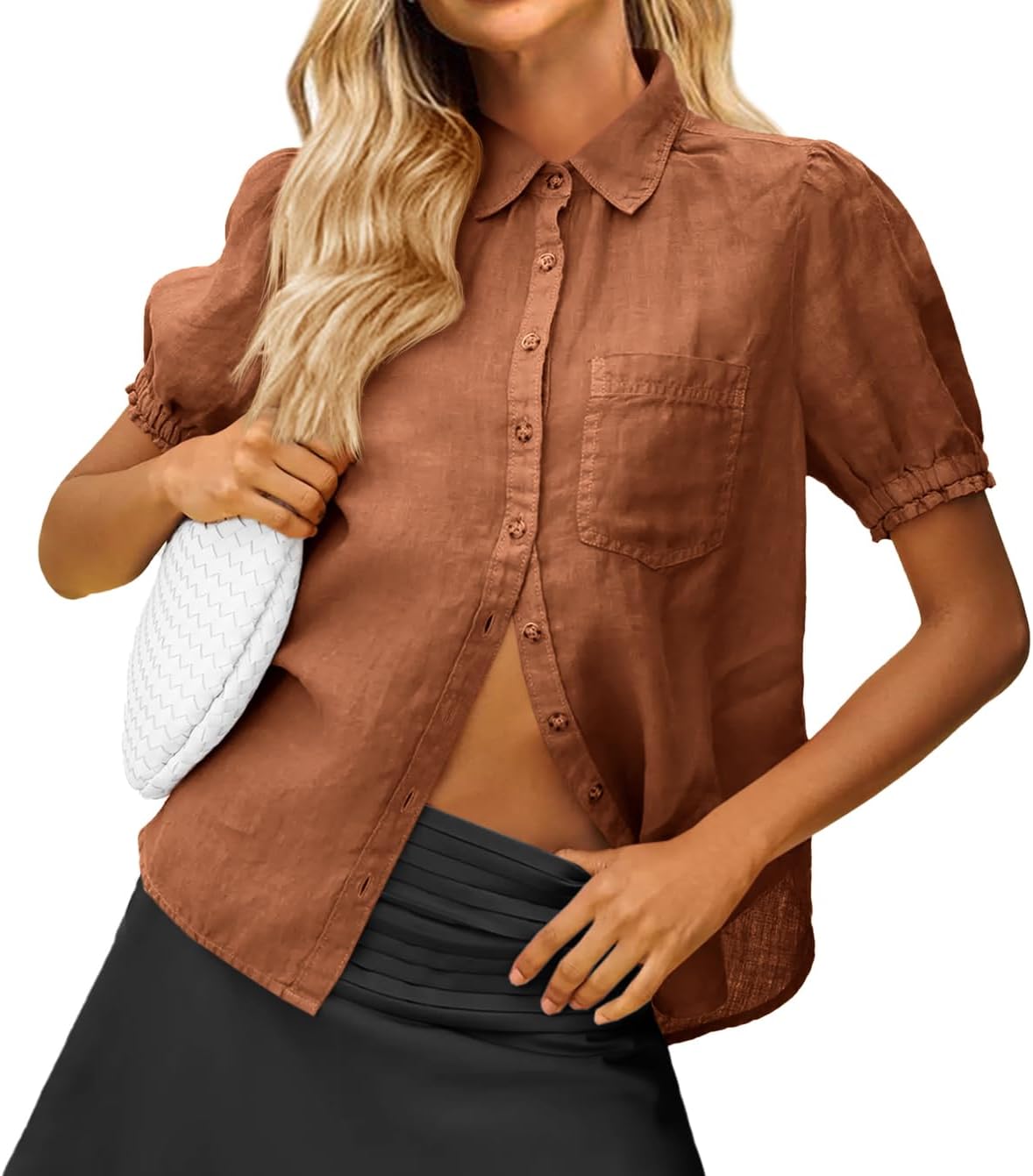 Cicy Bell Womens Puff Short Sleeve Button Down Shirts Summer Casual Collared V Neck Blouse Linen Loose Fit Work Tops - Image 4