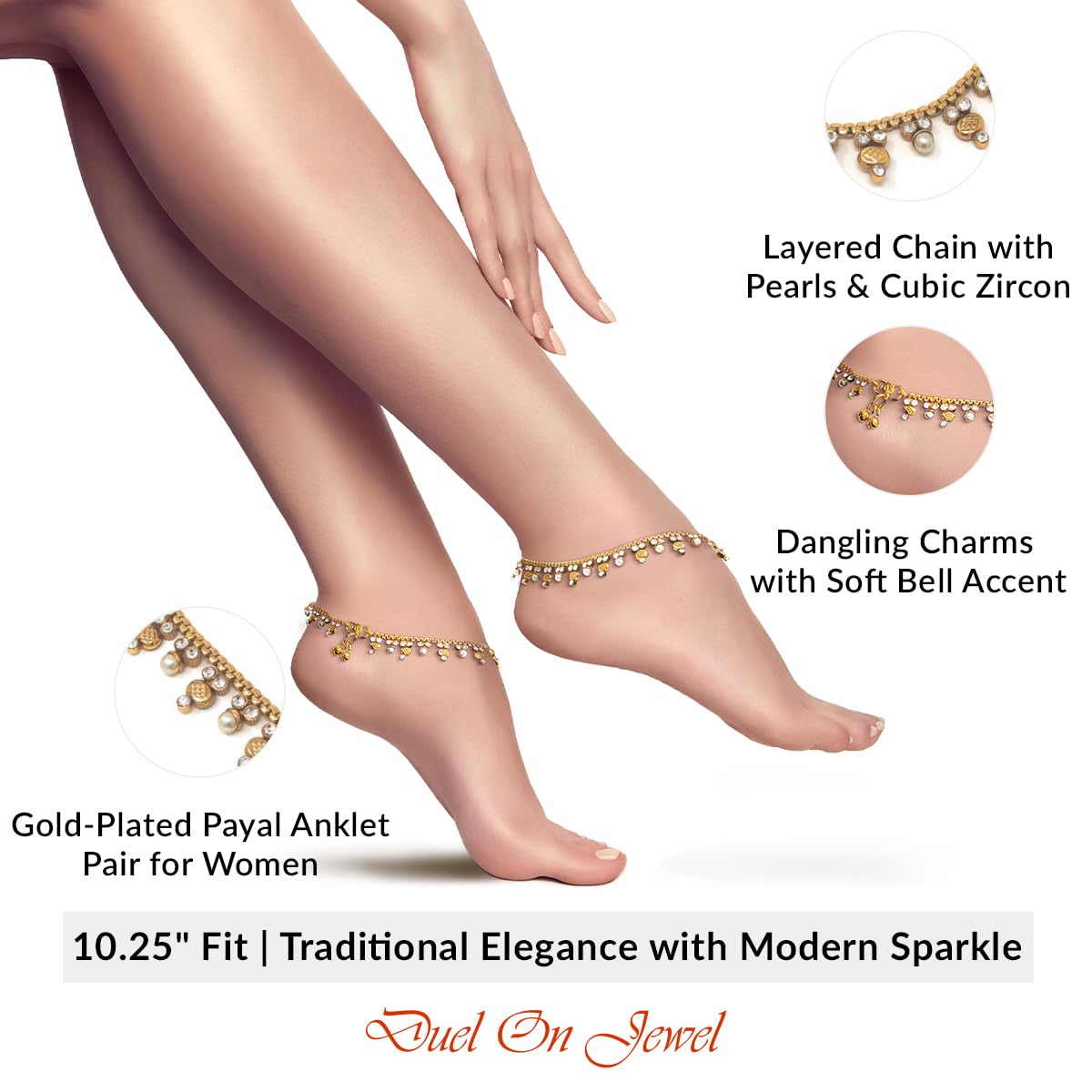 Indian Payal - Juego de tobilleras para mujer con perlas y circonita cúbica, diseño de cadena en capas con dijes colgantes, chapado en oro, 10.25 pulgadas, perfecto para bodas, fiestas, 3