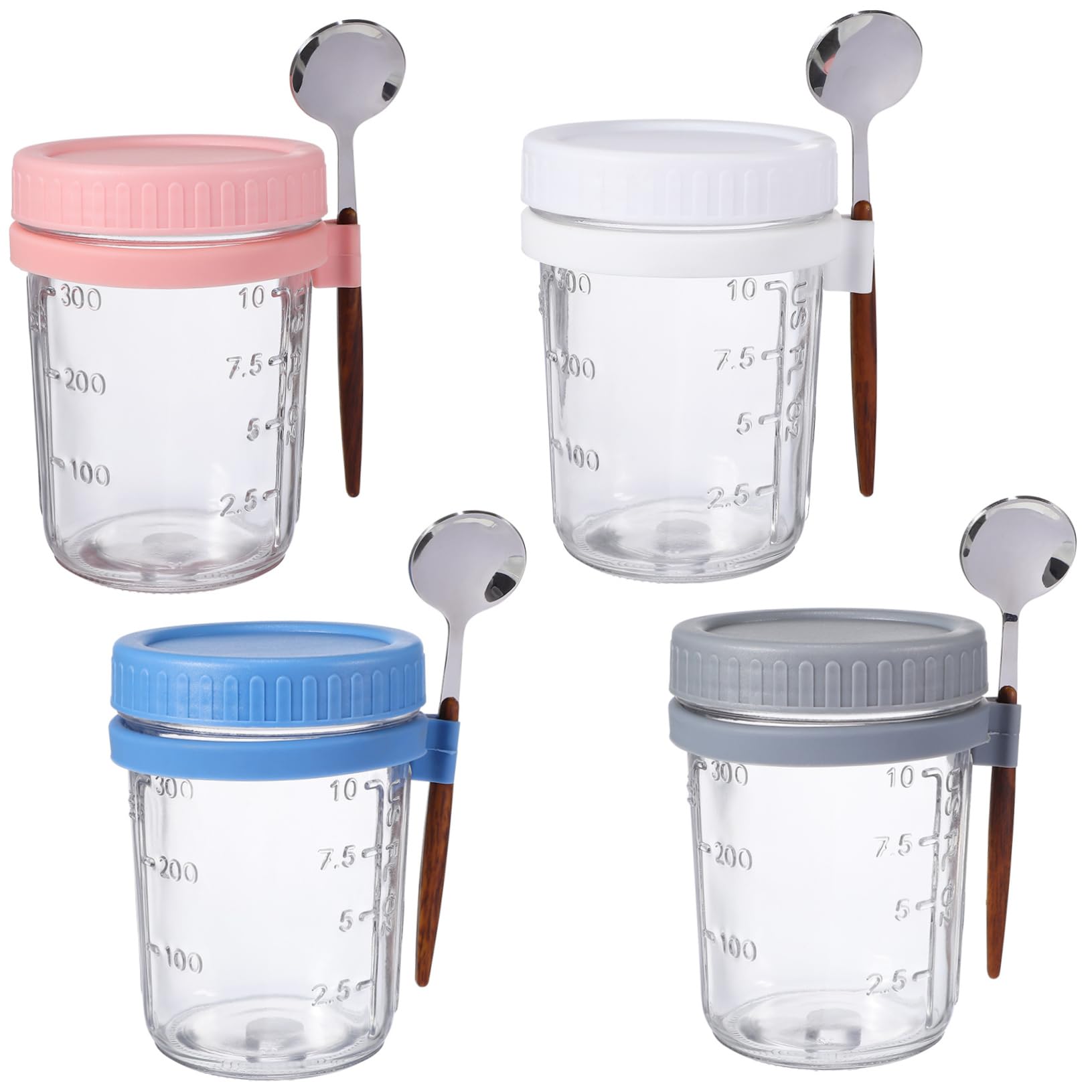 OUNONA 4 Stück Vorratsdose Glas mit Holzdeckel Overnight Oats Behälter 400ml Glas mit Löffel für Dorm und Büro
