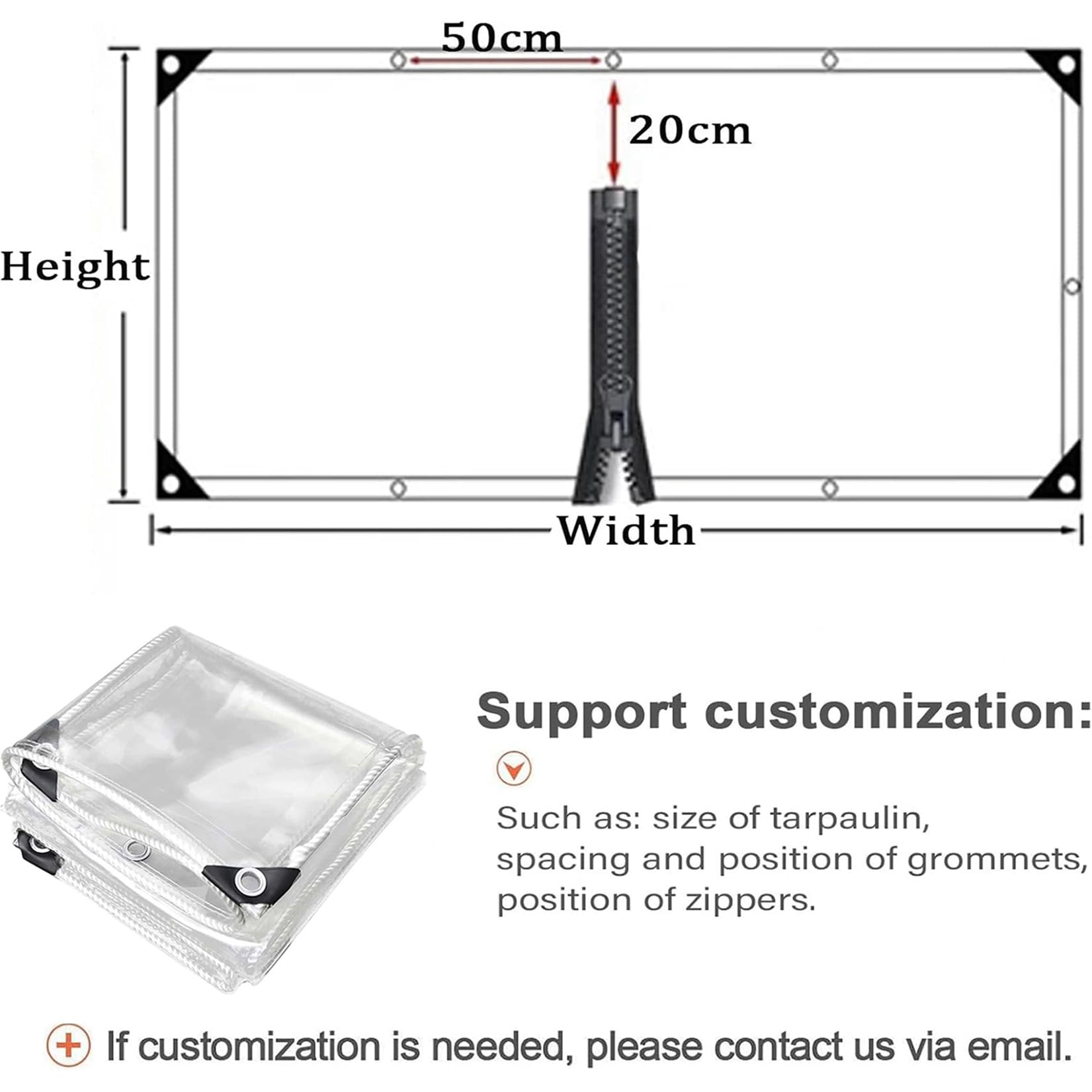 500g/m² Lona Transparente W2.5xH8m con Cremallera e Ojales para Exteriore