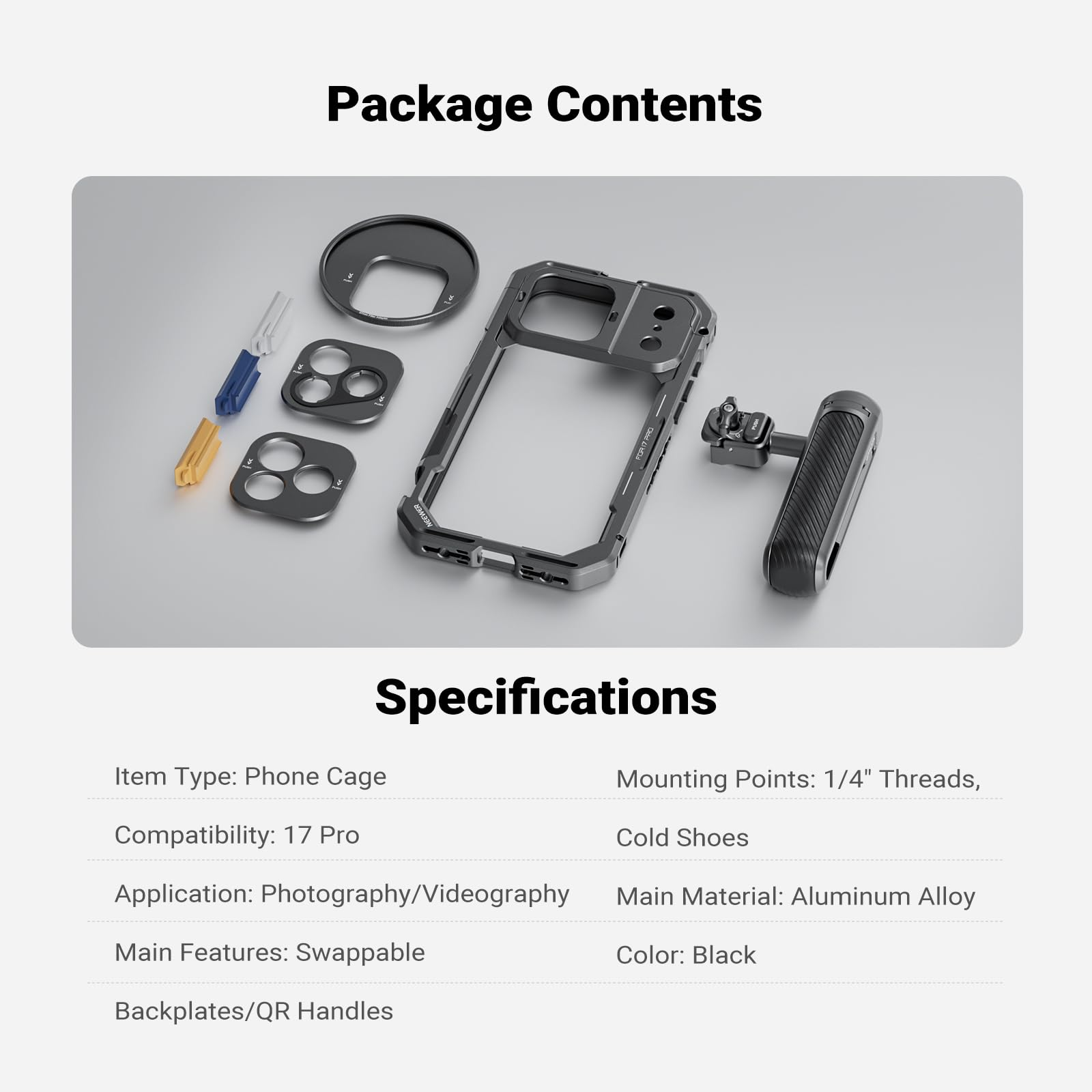 NEEWER Kit Jaula Movil Compatible con iPhone 17 Pro, Accesorio Estabilizador para Vídeo con 67mm Anillo Filtro, 17mm & T Mount Placa Trasera Objetivo, Asa Bluetooth Liberación Rápida, PA143 (Negro)