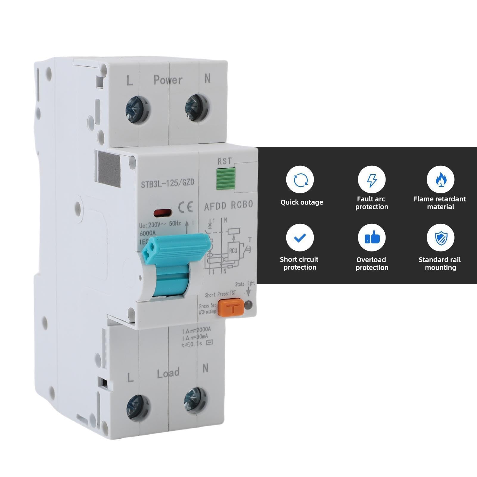 FTVOGUE Interruttore Automatico Salvaarco 1P+N AFDD RCBO RCCB Interruttore Automatico Miniaturizzato 63A con Protezione Dalle Perdite di Sovraccarico per Impianti Elettrici Domestici e Industriali