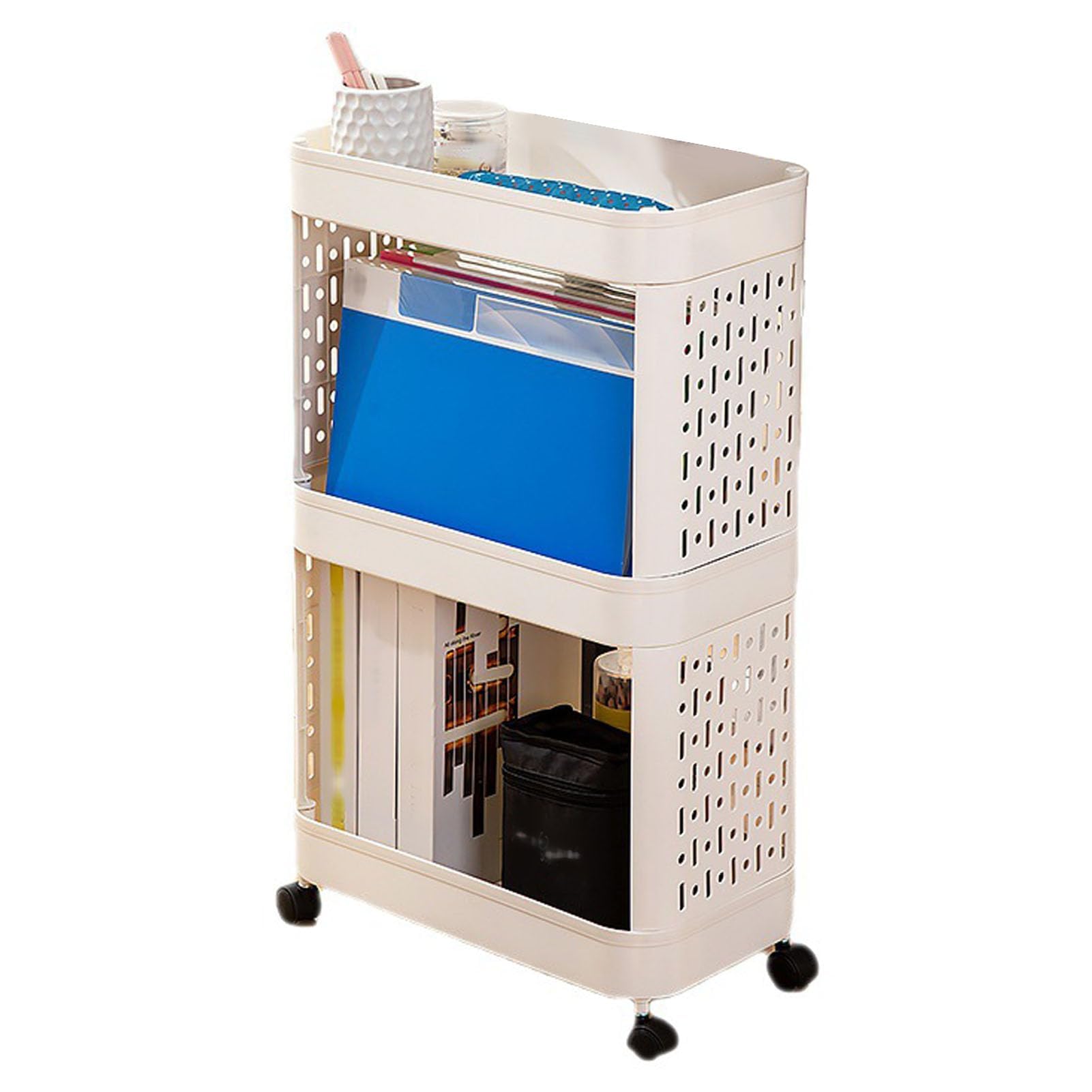 Scaffale per libri mobile in plastica con ruote, carrello portaoggetti sottile con rotelle a 2/3/4 livelli Carrello per libreria mobile per stoccaggio, aula, cucina, 3 livelli