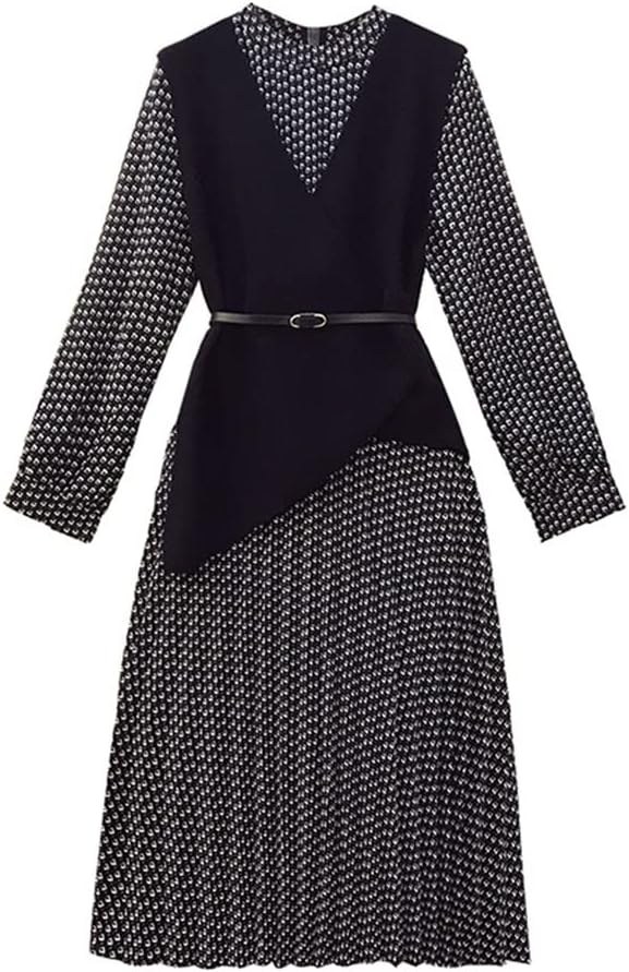 Dreeses Autumn Long Sleeve Print High Waist and Knit Vest Two-Piece Outfits (Color : Black Size: Code 3XL)