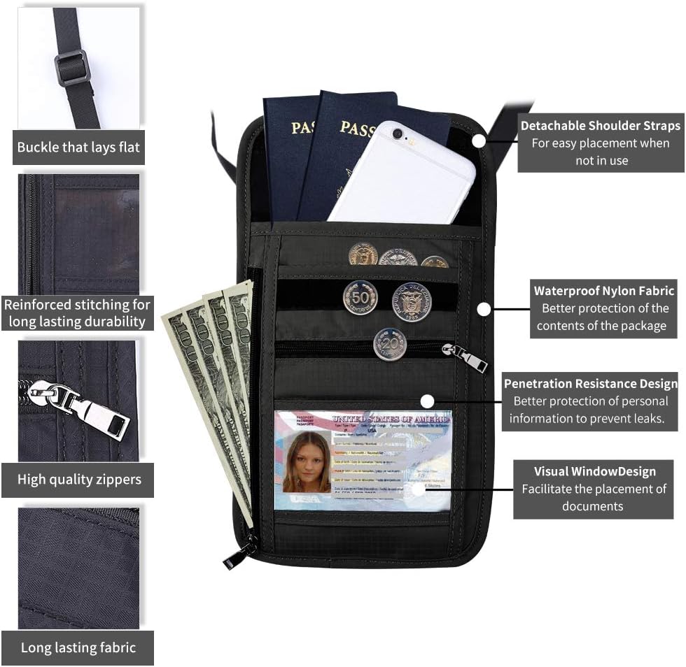 ROOSALANCE Neck Pouch Passport Holder with RFID Waterproof Multifunctional Document Organizer Visual Window Design Travel Wallet for Men and Women Black