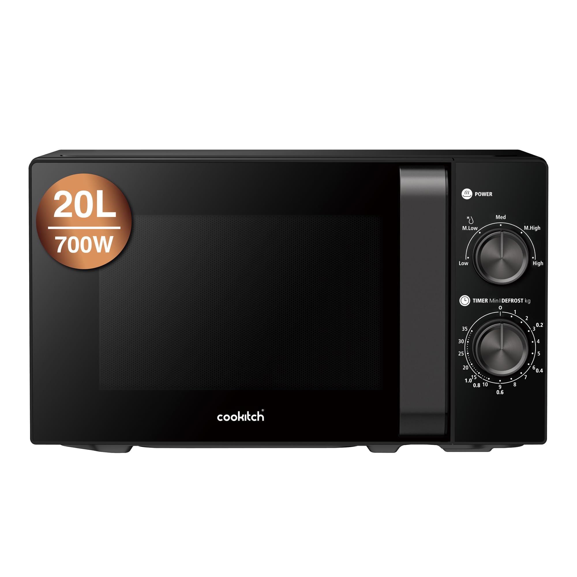 Microondas 700W 20L Negro Compacto – Control Mecánico, Descongelación por Peso/Tiempo, Plato de Vidrio 255mm, Señal de Fin, Fácil de Usar y Limpiar