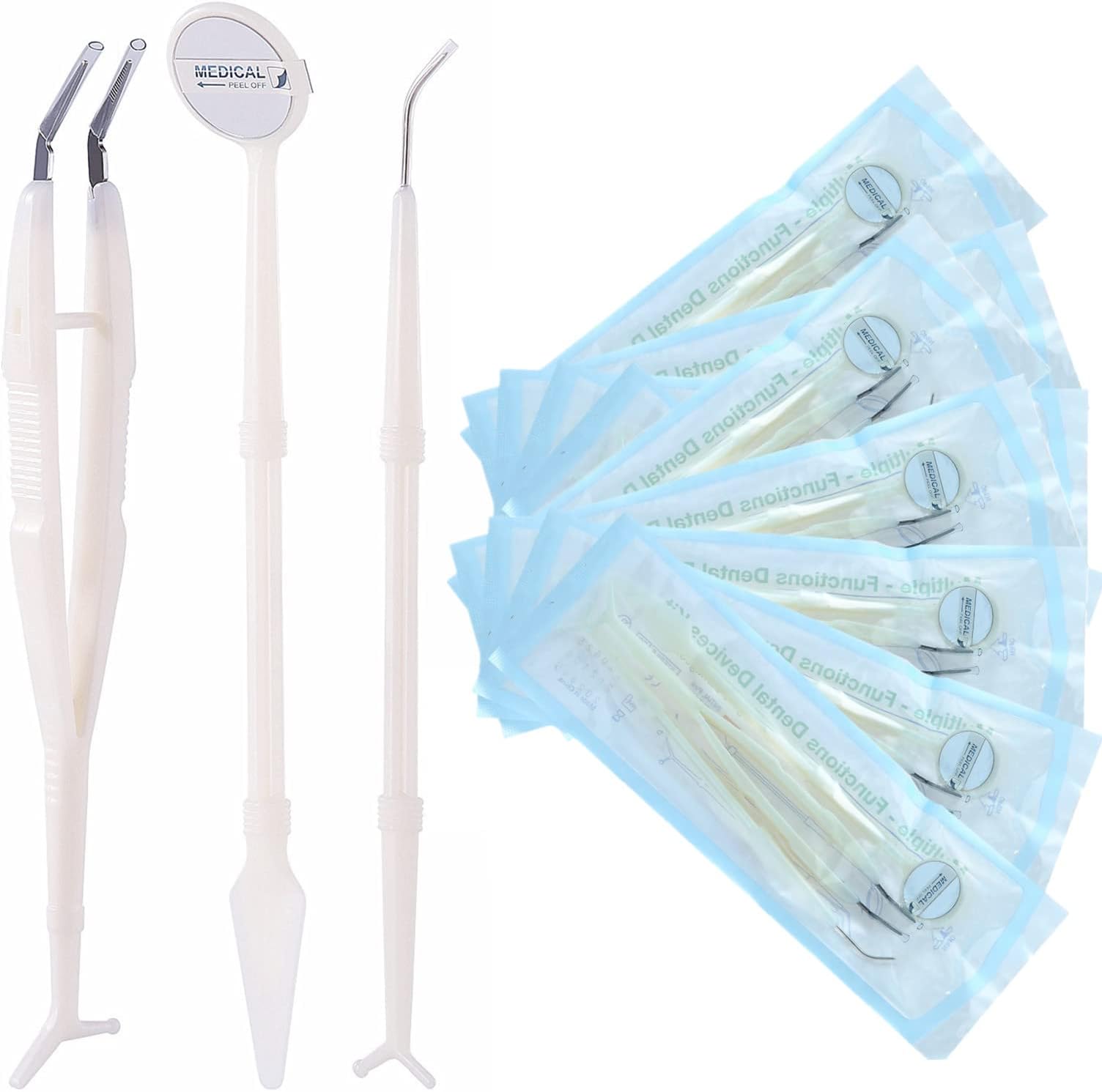 JMU 10 Pack Disposable Dental Examination Kit, 3Pcs Basic Instruments Set, Sterile Packaging, Dental Mirror Explorer Probe Plier, Oral Cleaning Dentist Tools (3pcs a Set, 10 Sets)