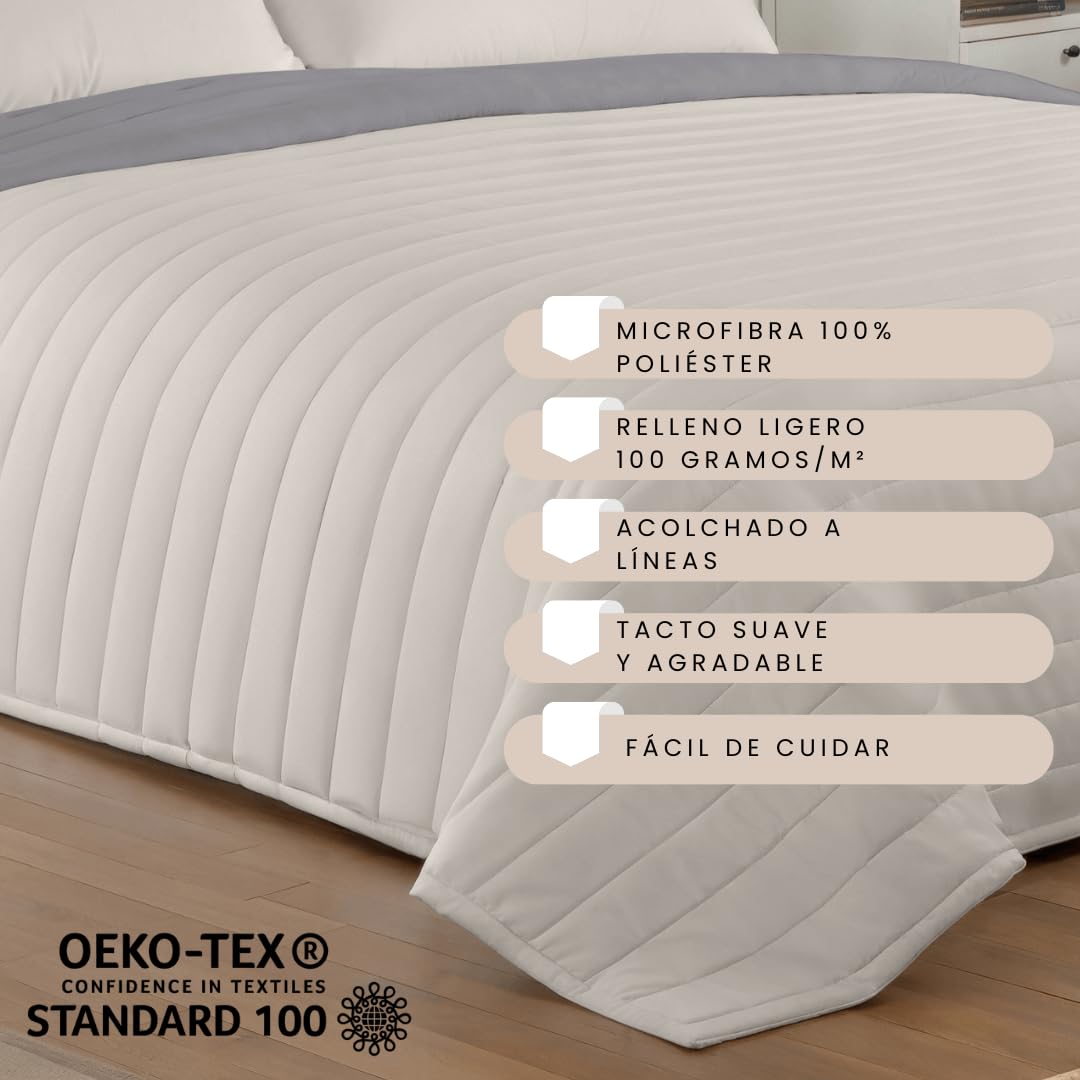 NATURALS - Colcha Bouti Reversible Bicolor | Cama 180 (270x260 cm) | Microfibra Extrasuave | Cubrecama Acolchado a Líneas | Ideal Primavera y Verano | Gris/Piedra