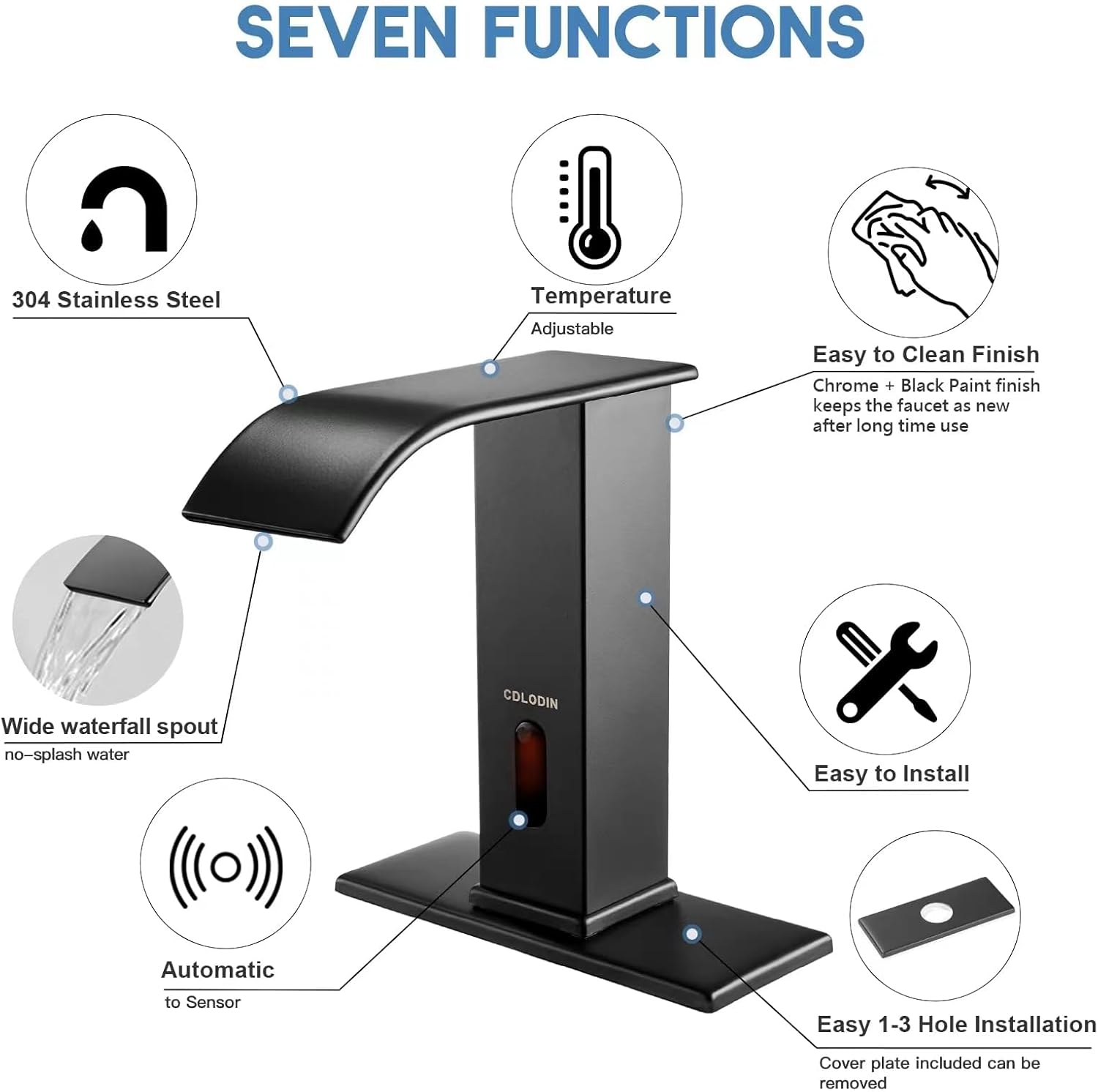 Touchless Bathroom Faucet, Automatic Sensor Waterfall Bathroom Tap, Modern Stainless Matte Black Sink, Hands Free Motion Sensor Lavatory Faucets for Sink 1 Hole