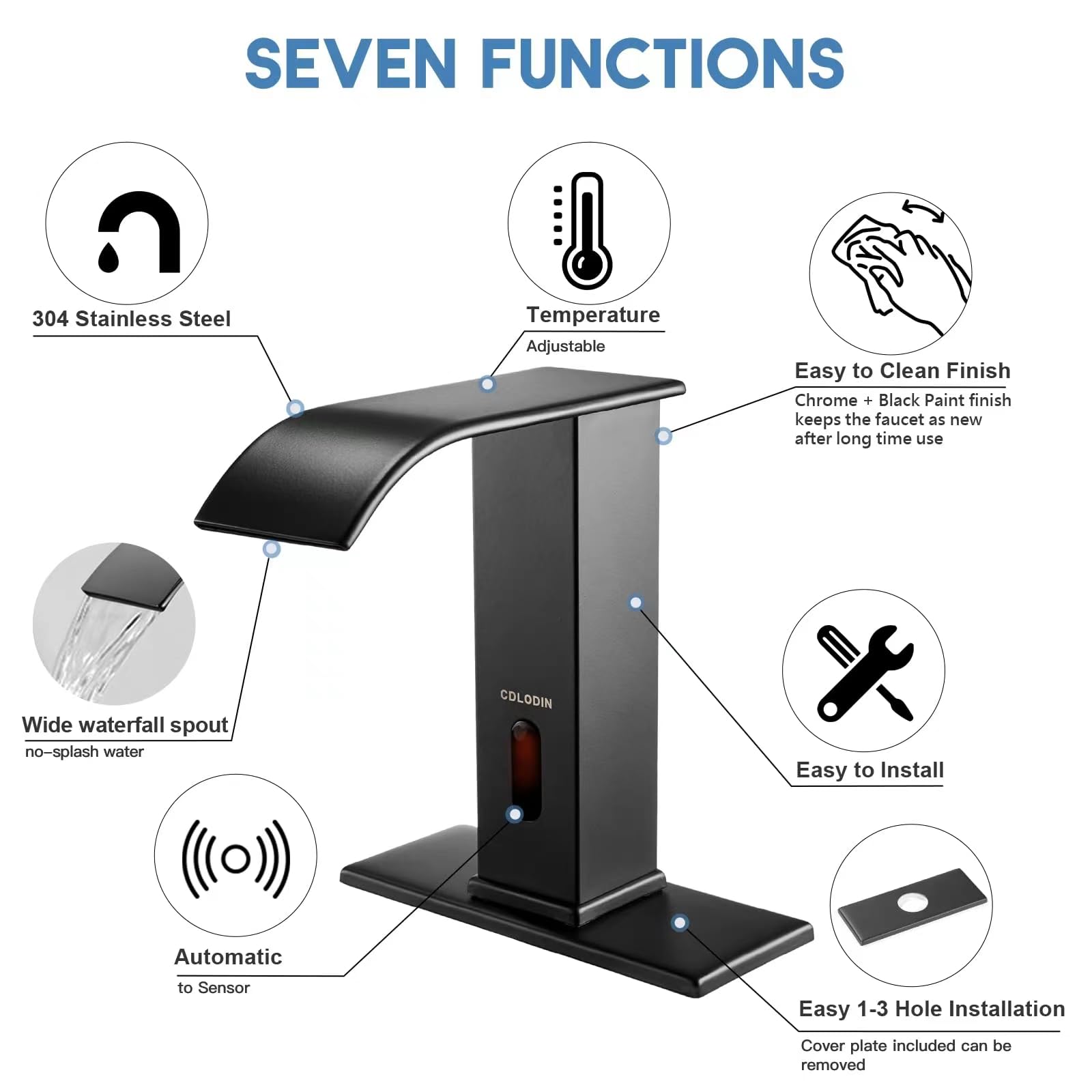 Grifo de baño sin contacto, sensor automático, grifo de baño de cascada, fregadero moderno de acero inoxidable negro mate, grifos de lavabo con sensor de movimiento manos libres para fregadero