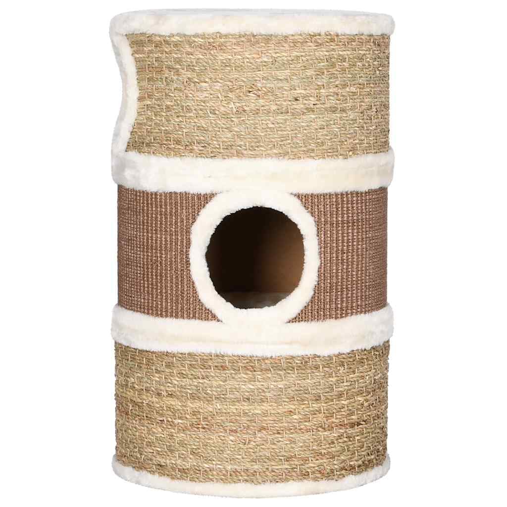 Kratztonne für Katzen, 60 cm, Fass mit Decke Seegras und 3 Öffnungen, geräumiger Platz für große Rassen, Versteck und Kratzbrett aus weichem Plüsch
