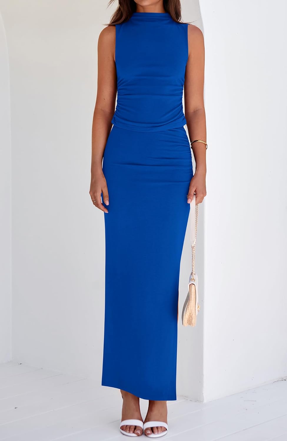 BTFBM Womens Two Piece Outfits Summer Lightweight 2026 Mock Neck Sleeveless Knit Tops Maxi Skirt Set Going Out Dress - Image 8