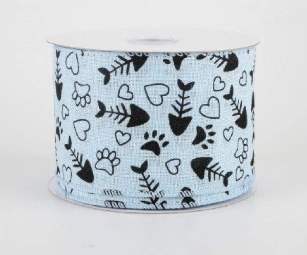 Light Blue Wired Linen Ribbon 2 1/2" Black Fish Bones Hearts Cat Paw Prints Pawprint Pet Feline Kitty Paws Light Blue Stitched Wire Edged 2.5" 10 Yard Roll Cat Themed Ribbon (30 Feet)