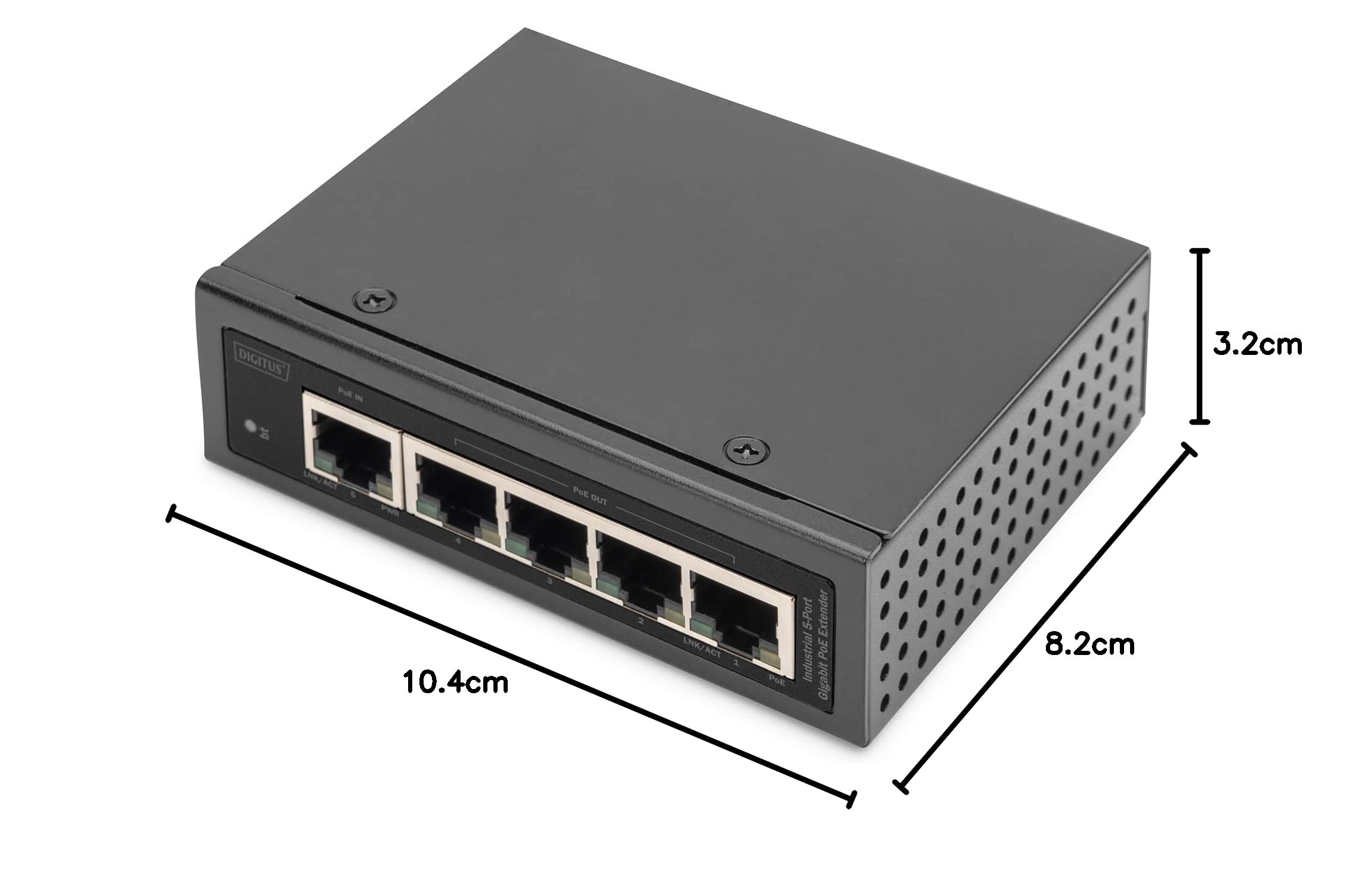 DIGITUS Extensor PoE Gigabit Industrial de 5 Puertos - 1 Puerto RJ45 de Entrada 802.3bt - 4 Salidas RJ45 PoE 802.3af/at - conectable en Cascada - 10/100/1000 Mbit/s - Negro