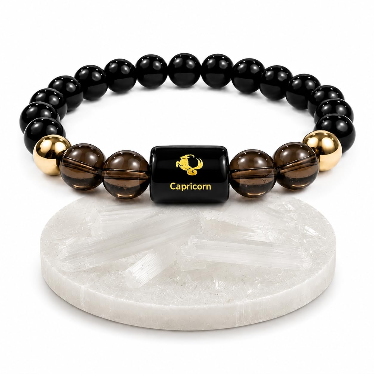 Capricorn Zodiac Bracelet | Makar Rashi Bracelet for Men & Women | Natural Black Obsidian, Smoky Quartz & Golden Hematite Gemstones | 8mm Stretchable Crystal Beads | Astrology Jewelry Gift (मकर )-image-6
