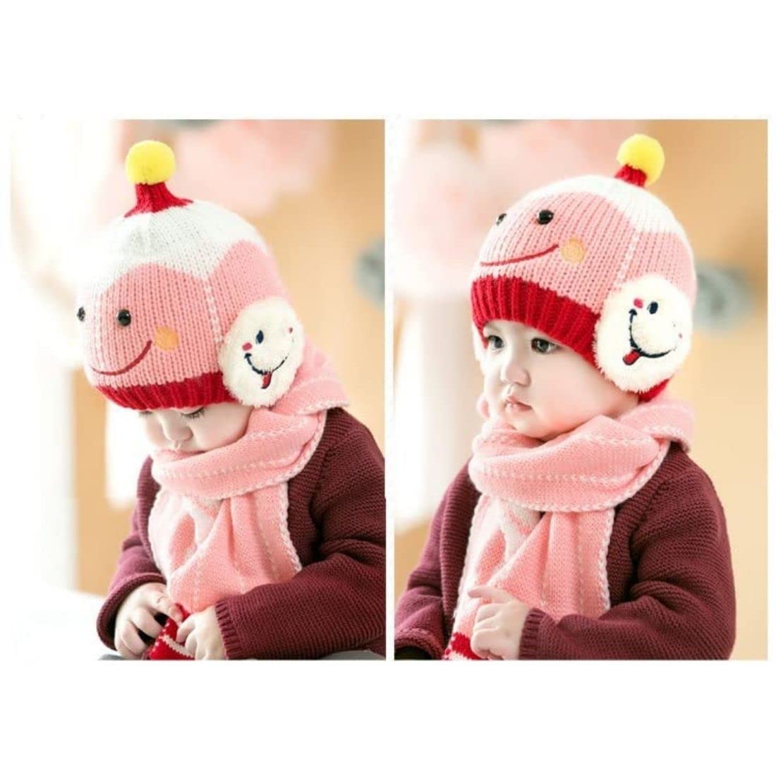 Zeki Baby Boys & Girl's Winter Warm Knitted Cartoon Design Beanie Cap with Knitted Muffler Scarf Set (Pink)-(1-3Years) 3