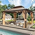 MELLCOM 12'x14' Hardtop Gazebo, Metal Double Roof Aluminum Gazebos with Curtain and Netting,Brown Permanent Galvanized Steel Pavilion for Patio, Lawn & Deck