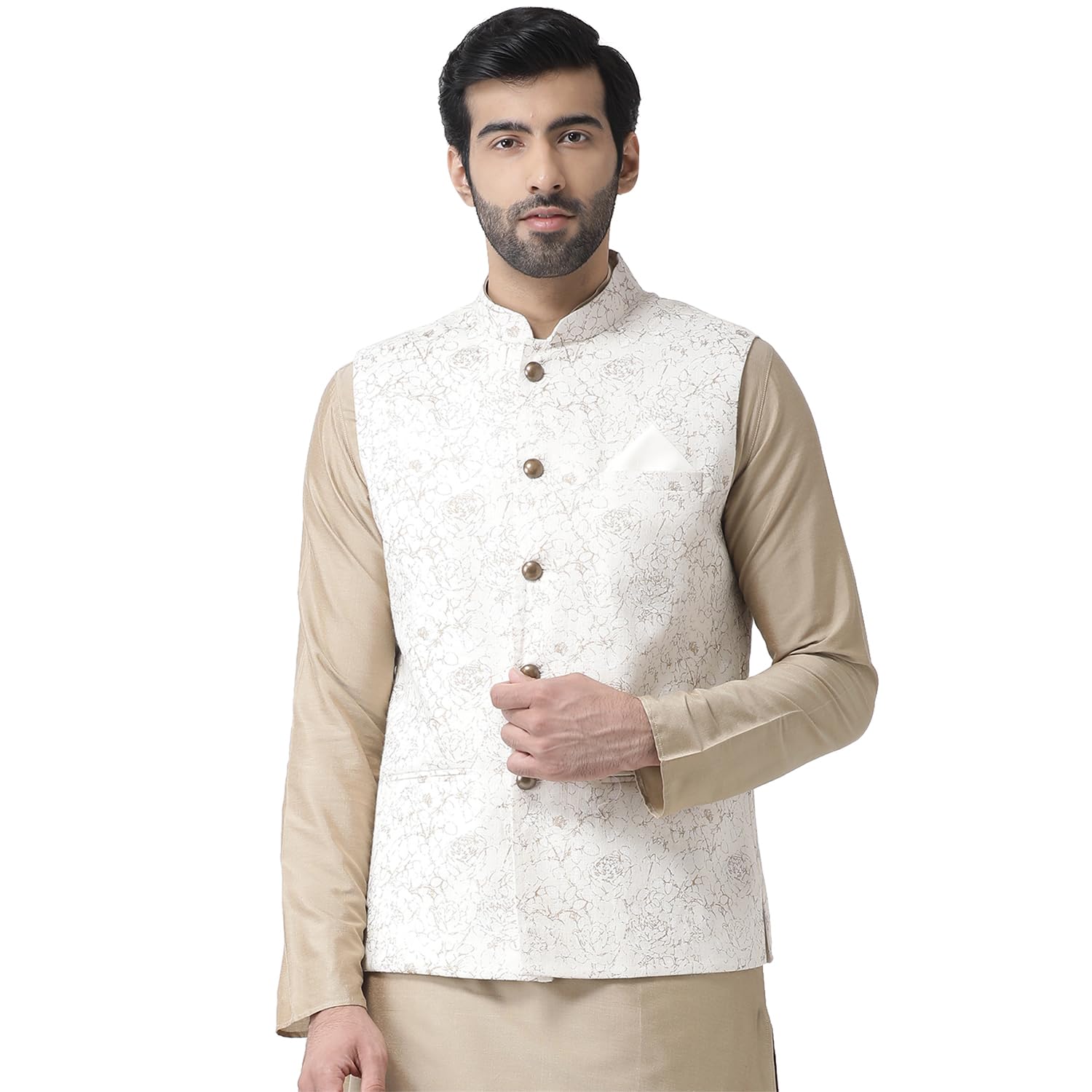 Men White Gold-Toned Printed Nehru Jacket Ethnic Festive Waistcoat Cotton, Regular Fit-image-1