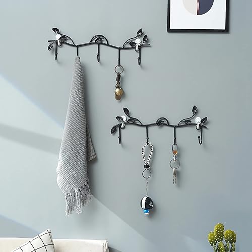 Miniatura 2 de Gancho decorativo para llaves de pared hojas negras modernas de hierro para colgar en la pared para puerta de entrada con 4 ganchos negro
